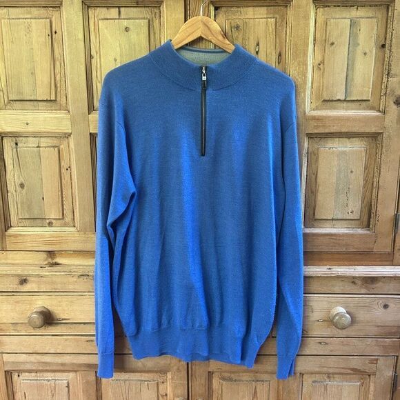 Peter Millar XL Sweater Men’s Blue 1/4 Zip Pullover Long Sleeve Merino Wool Silk - Picture 1 of 11